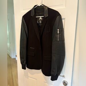 Philipp Plein Black Leather Sleeve Blazer